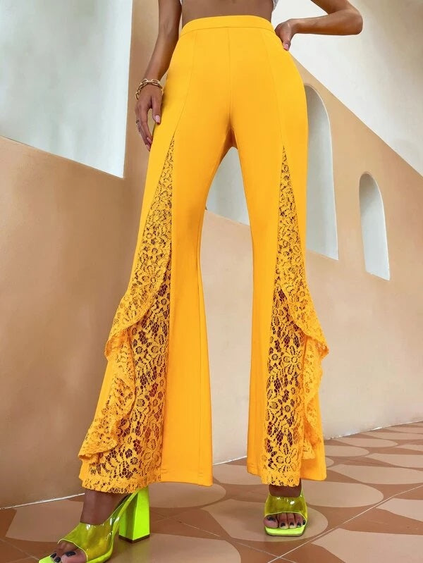 CM-BS740848 Women Casual Seoul Style Contrast Lace Ruffle Trim Flare Leg Pants - Yellow