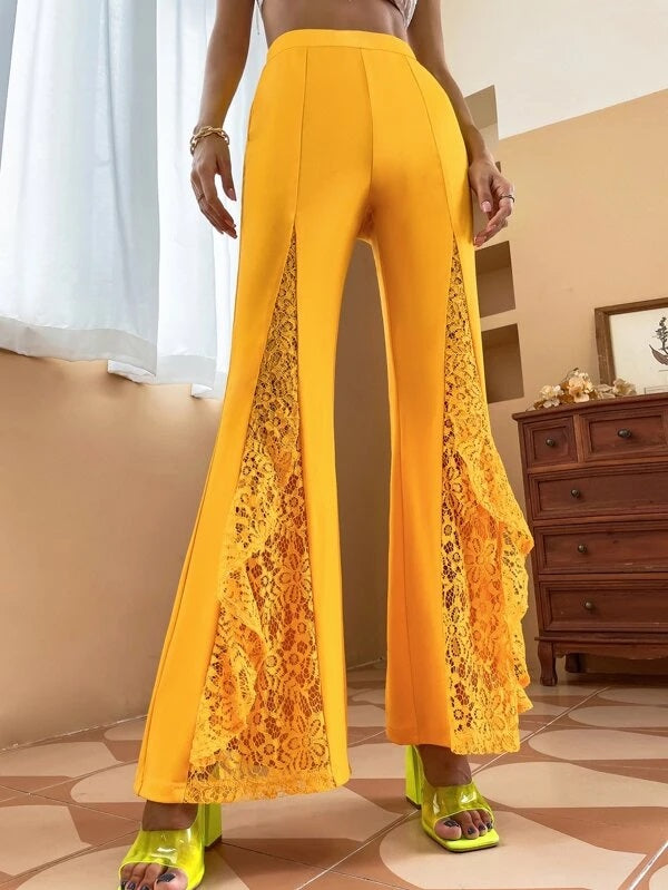 CM-BS740848 Women Casual Seoul Style Contrast Lace Ruffle Trim Flare Leg Pants - Yellow