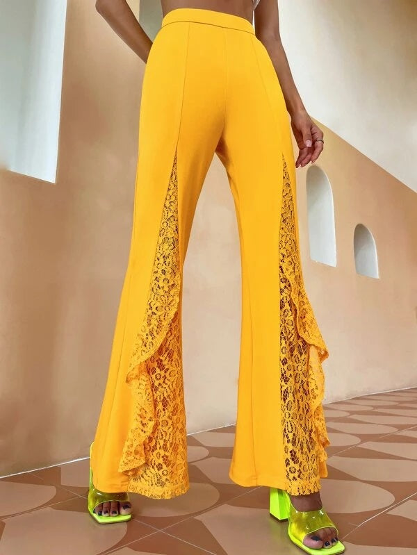 CM-BS740848 Women Casual Seoul Style Contrast Lace Ruffle Trim Flare Leg Pants - Yellow