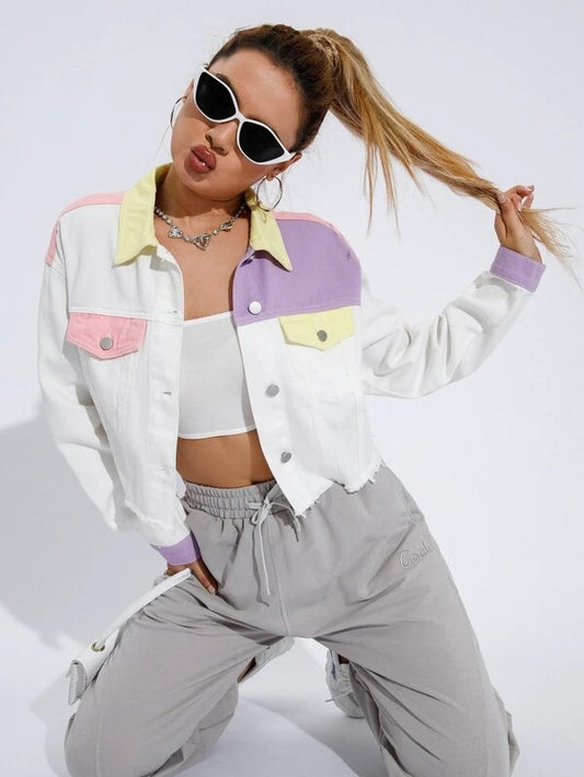 CM-CS976134 Women Casual Seoul Style Colorblock Drop Shoulder Raw Cut Denim Jacket