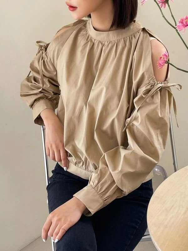 CM-TS967953 Women Casual Seoul Style Ruched Cut Out Button Back Blouse - Khaki