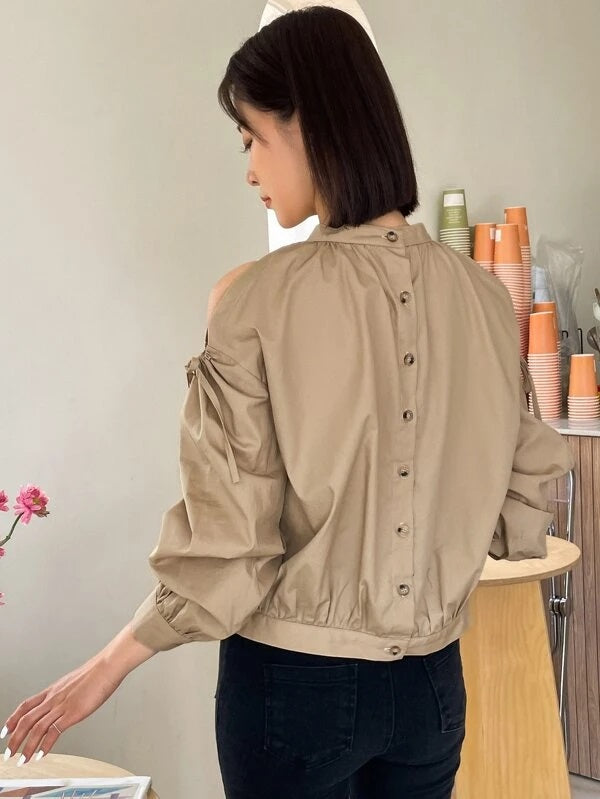 CM-TS967953 Women Casual Seoul Style Ruched Cut Out Button Back Blouse - Khaki