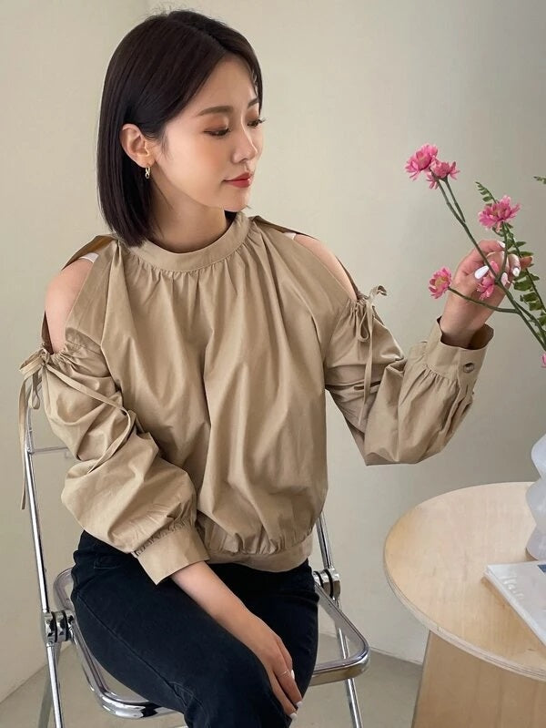 CM-TS967953 Women Casual Seoul Style Ruched Cut Out Button Back Blouse - Khaki