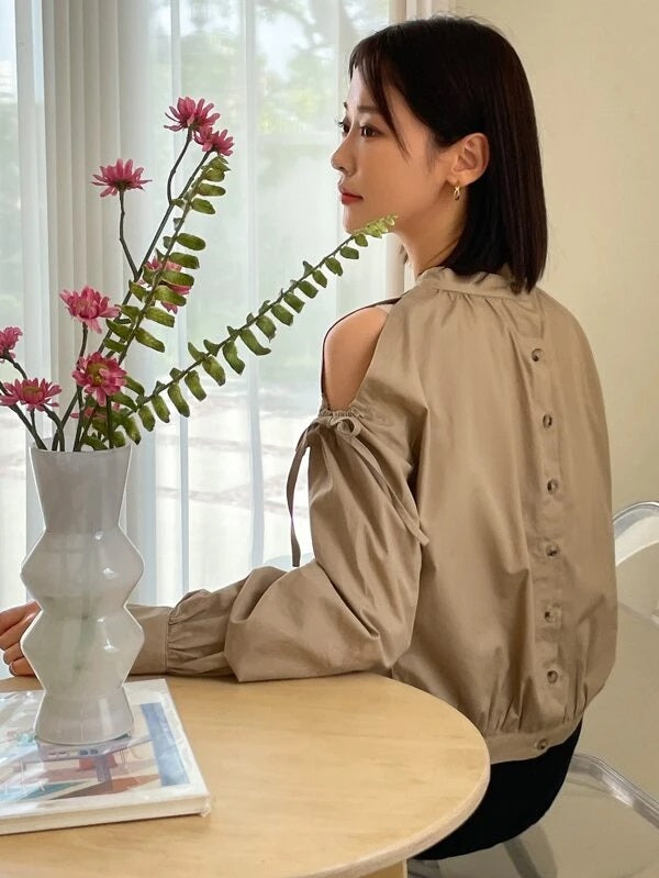CM-TS967953 Women Casual Seoul Style Ruched Cut Out Button Back Blouse - Khaki