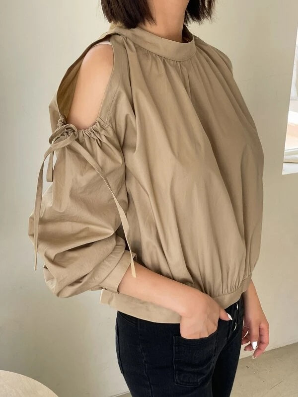 CM-TS967953 Women Casual Seoul Style Ruched Cut Out Button Back Blouse - Khaki