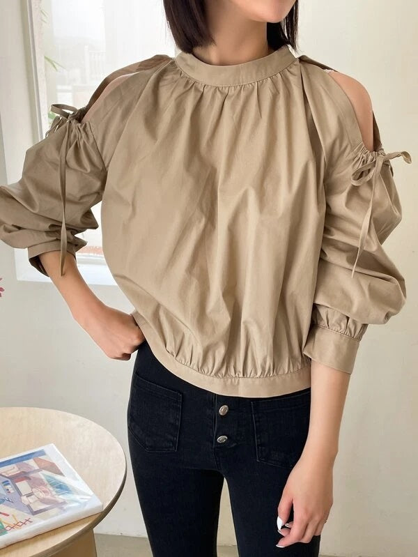 CM-TS967953 Women Casual Seoul Style Ruched Cut Out Button Back Blouse - Khaki