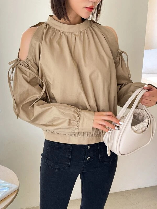 CM-TS967953 Women Casual Seoul Style Ruched Cut Out Button Back Blouse - Khaki