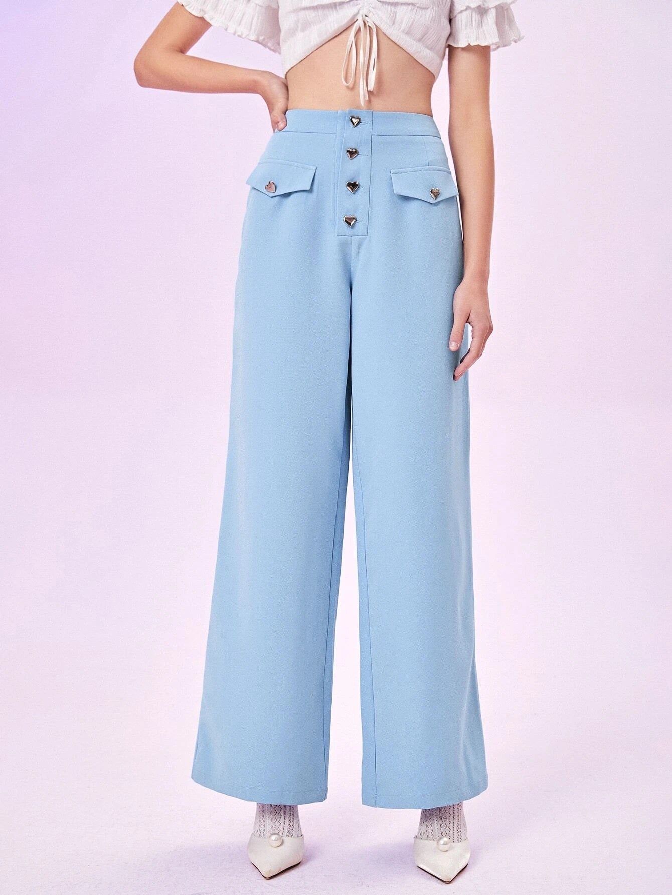 CM-BS794762 Women Casual Seoul Style High Waist Flap Detail Button Fly Wide Leg Pants