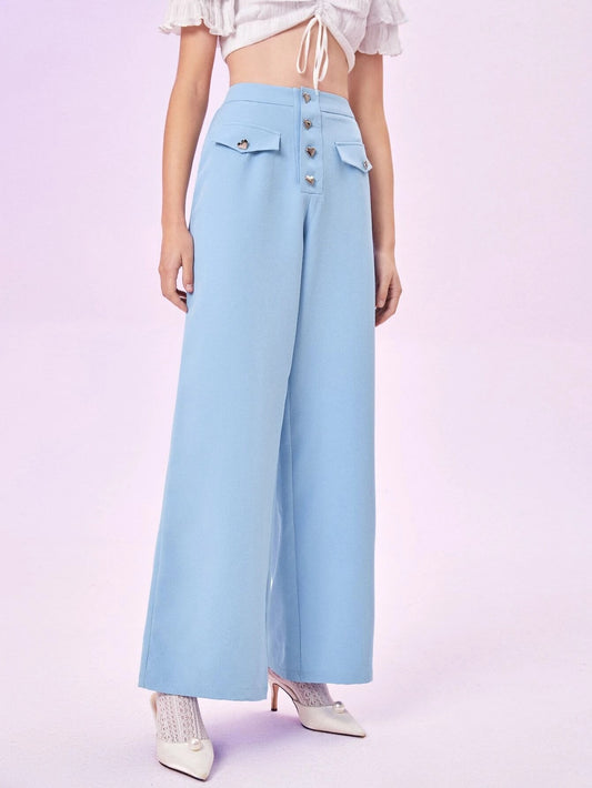 CM-BS794762 Women Casual Seoul Style High Waist Flap Detail Button Fly Wide Leg Pants