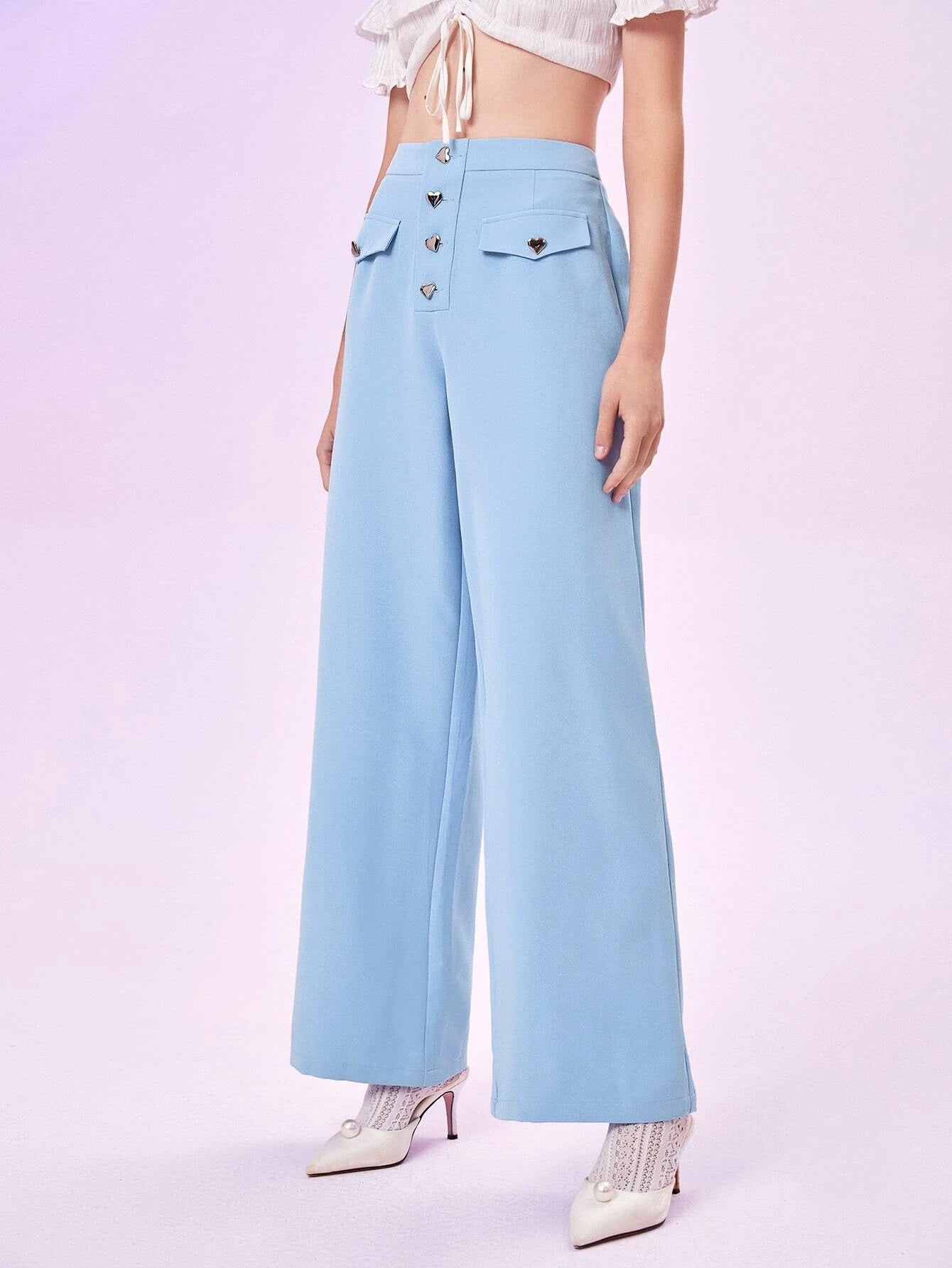 CM-BS794762 Women Casual Seoul Style High Waist Flap Detail Button Fly Wide Leg Pants