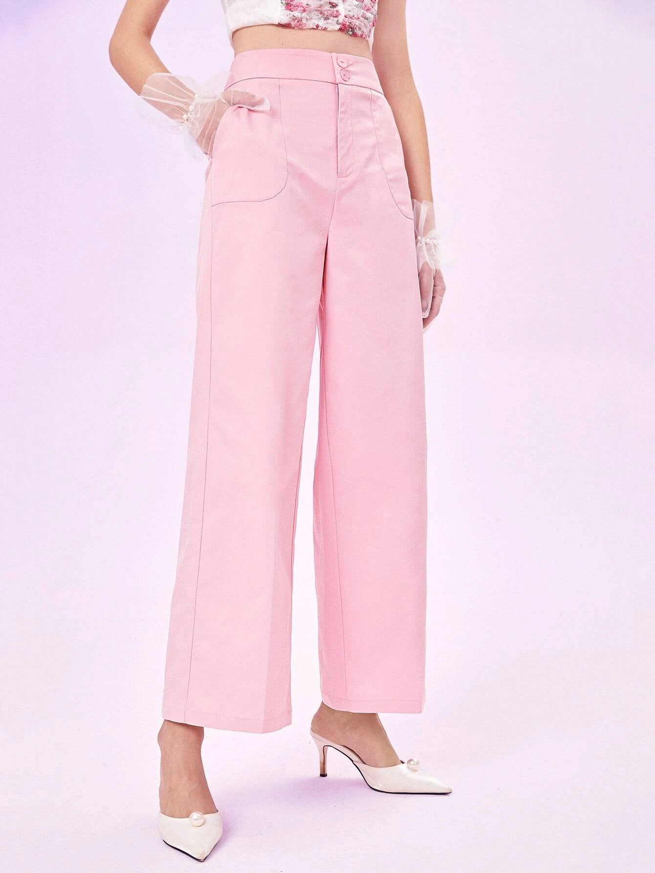 CM-BS003330 Women Casual Seoul Style High Waist Wide Leg Pants - Baby Pink