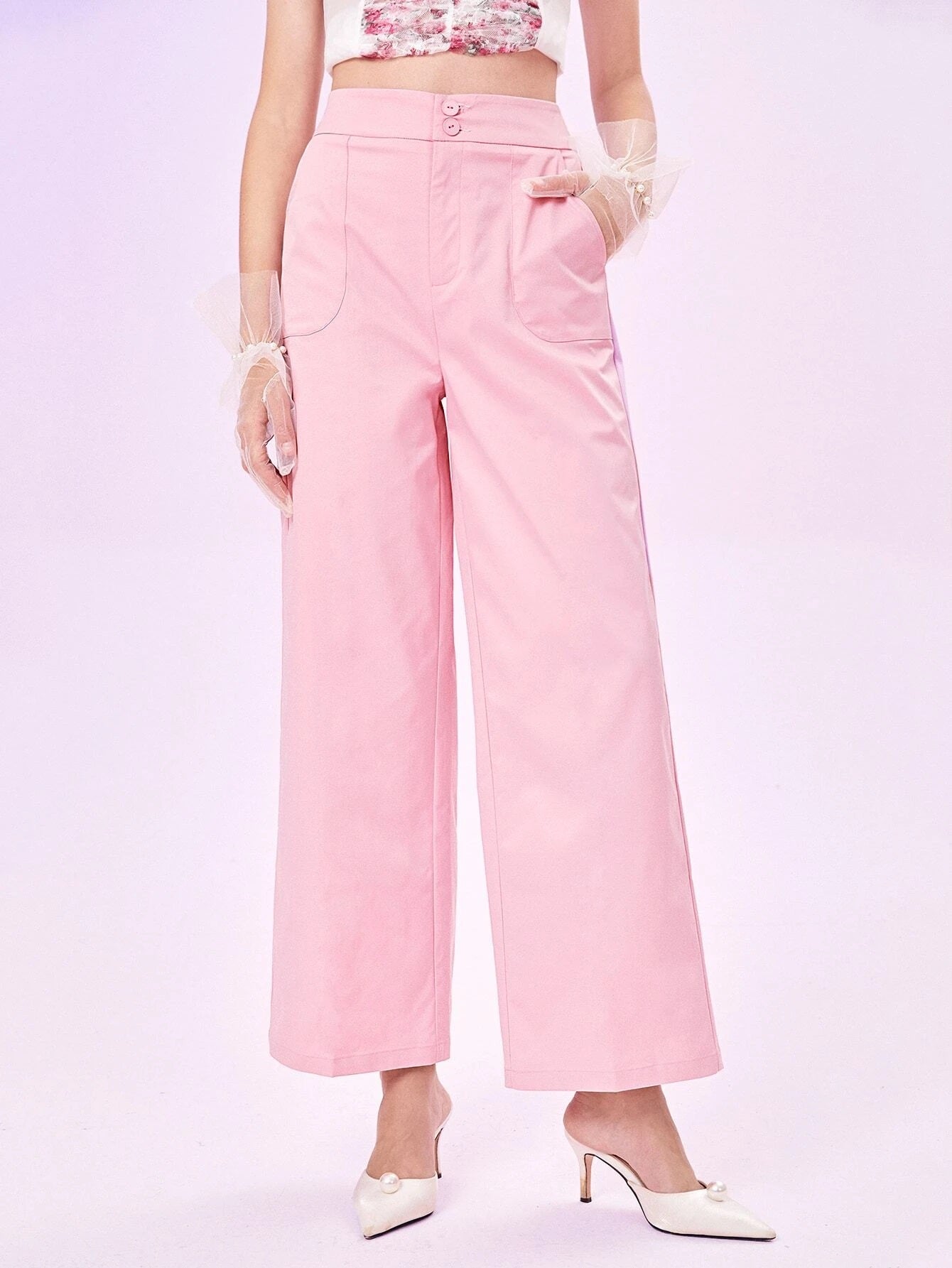 CM-BS003330 Women Casual Seoul Style High Waist Wide Leg Pants - Baby Pink