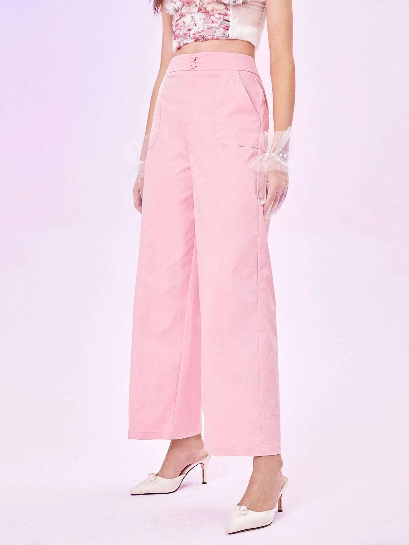 CM-BS003330 Women Casual Seoul Style High Waist Wide Leg Pants - Baby Pink