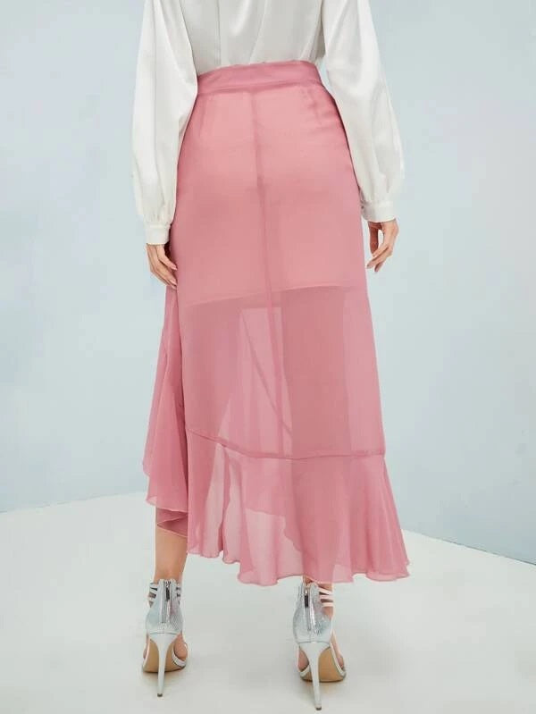 CM-BS780398 Women Casual Seoul Style Ruched Ruffle Asymmetrical Hem Skirt - Dusty Pink