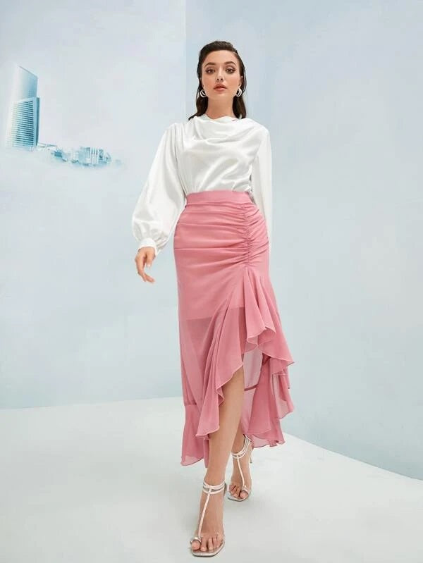 CM-BS780398 Women Casual Seoul Style Ruched Ruffle Asymmetrical Hem Skirt - Dusty Pink