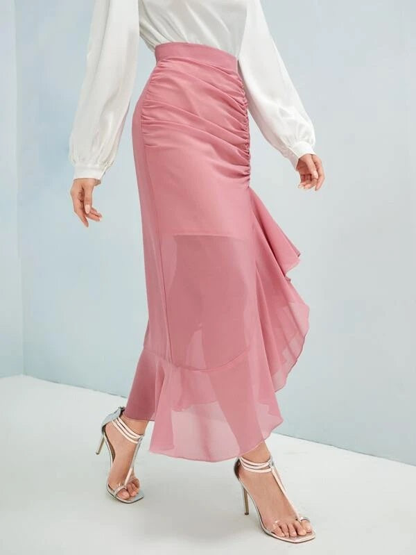 CM-BS780398 Women Casual Seoul Style Ruched Ruffle Asymmetrical Hem Skirt - Dusty Pink