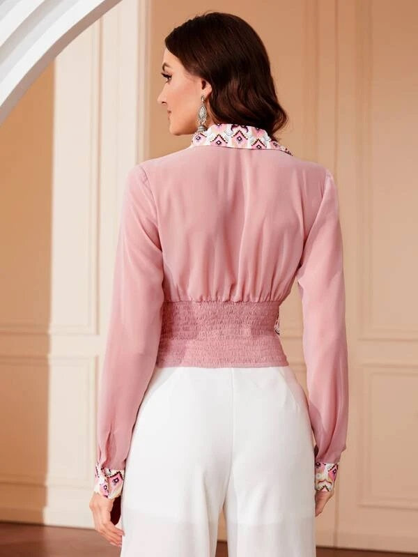 CM-TS353835 Women Casual Seoul Style Geometric Print Contrast Mesh Shirred Waist Blouse