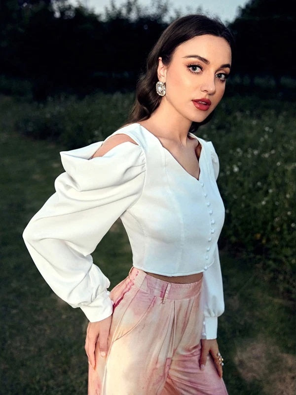 CM-TS876977 Women Elegant Seoul Style Pearls Button Puff Sleeve Cut Out Blouse - White