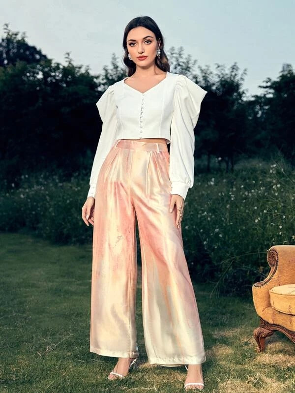 CM-BS828989 Women Elegant Seoul Style High Waist Tie Dye Plicated Detail Satin Wide Leg Pants