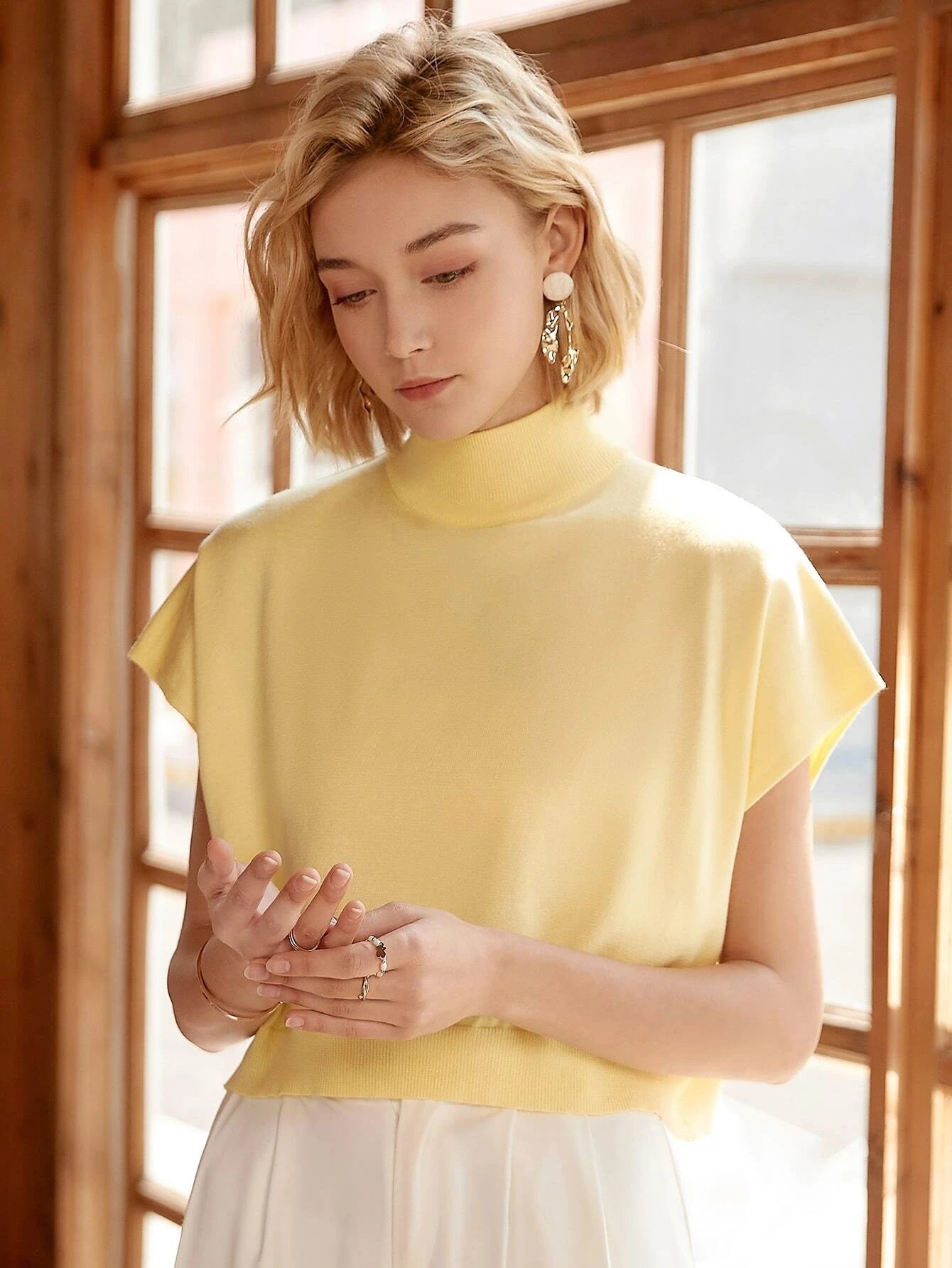CM-TS367672 Women Casual Seoul Style Knit Mix High Neck Batwing Sleeve Knit Top - Yellow