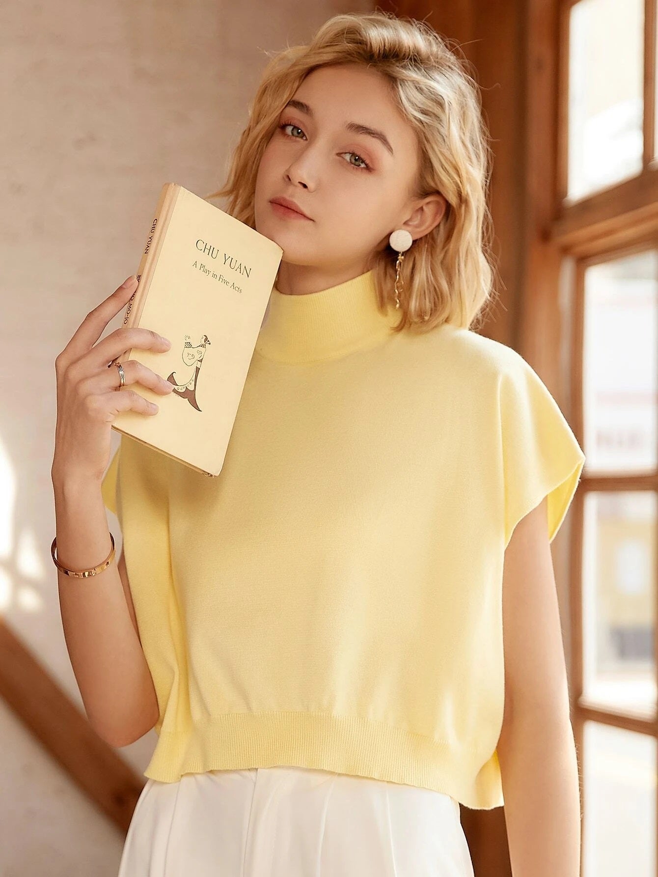 CM-TS367672 Women Casual Seoul Style Knit Mix High Neck Batwing Sleeve Knit Top - Yellow