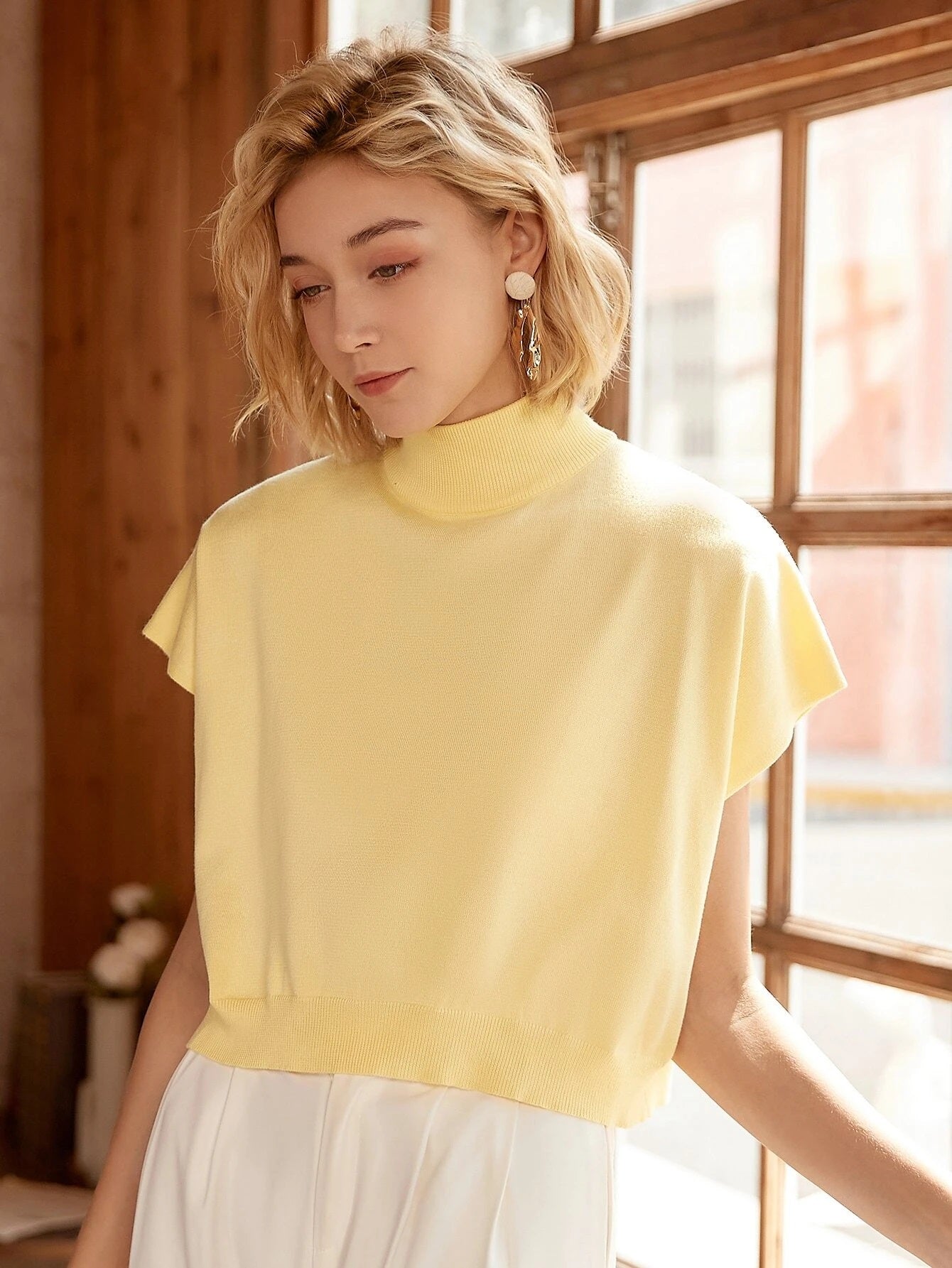 CM-TS367672 Women Casual Seoul Style Knit Mix High Neck Batwing Sleeve Knit Top - Yellow
