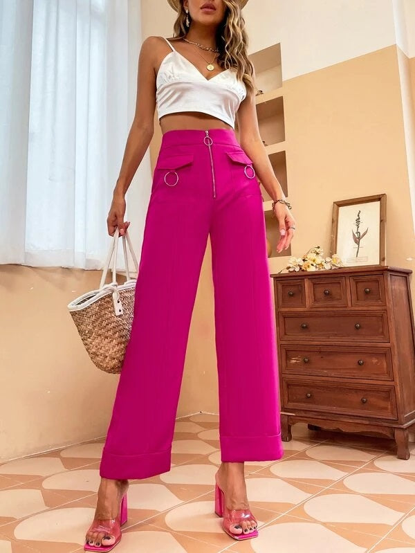 CM-BS030820 Women Elegant Seoul Style Zip Fly Flap Pocket Wide Leg Pants - Hot Pink