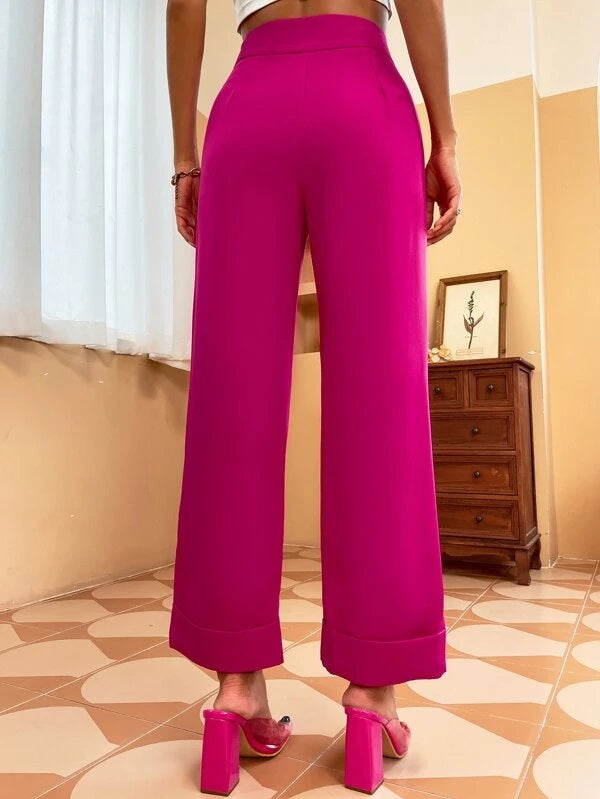 CM-BS030820 Women Elegant Seoul Style Zip Fly Flap Pocket Wide Leg Pants - Hot Pink