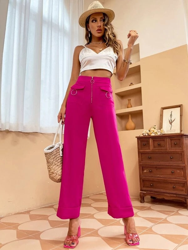 CM-BS030820 Women Elegant Seoul Style Zip Fly Flap Pocket Wide Leg Pants - Hot Pink