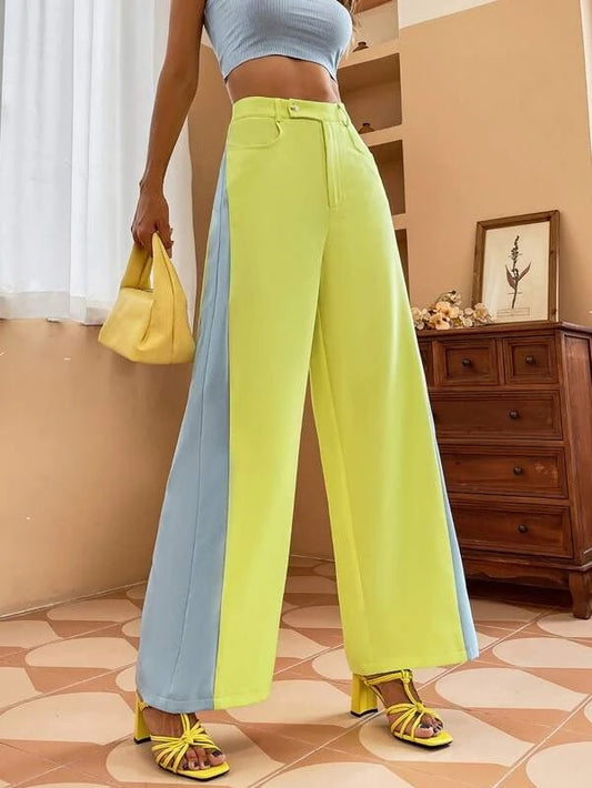 CM-BS175591 Women Elegant Seoul Style Colorblock Wide Leg Pants - Lime Green