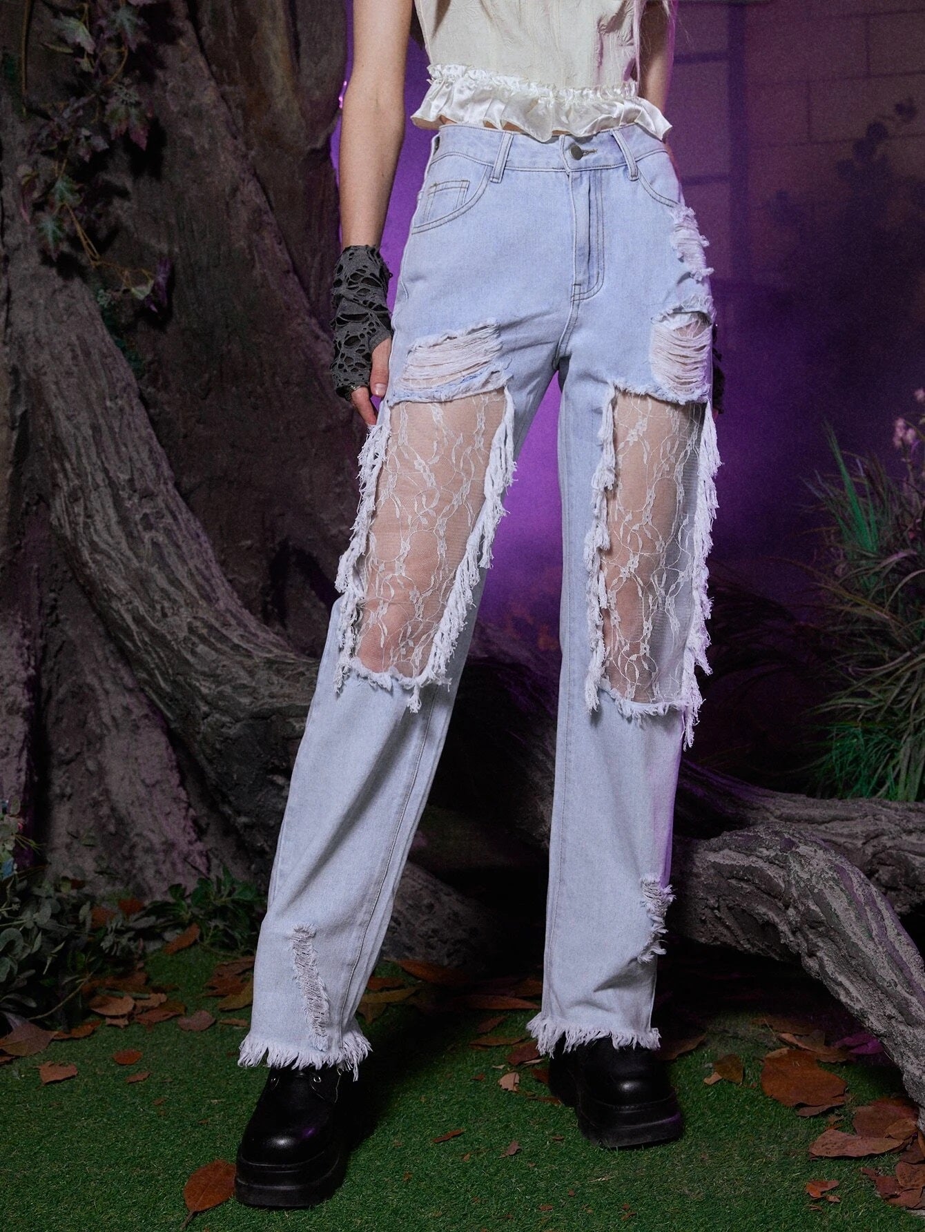CM-BS603478 Women Casual Seoul Style Light Wash High Waist Distressed Ripped Jeans