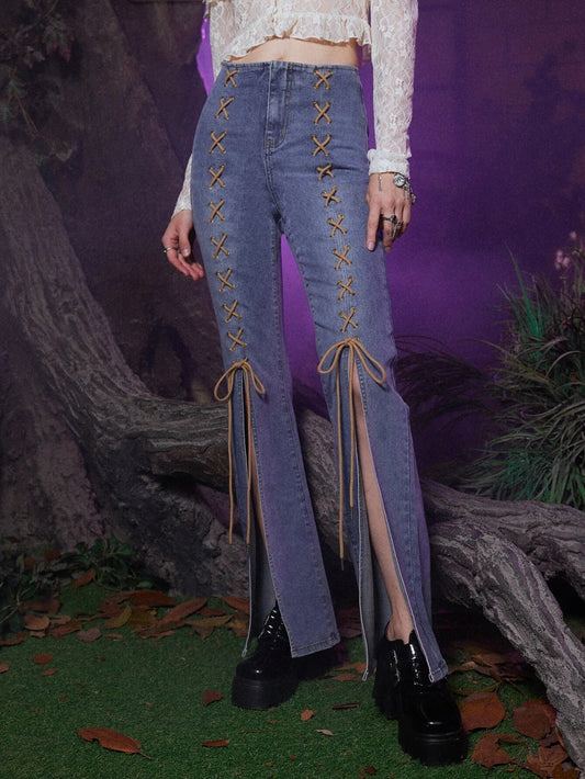 CM-BS854228 Women Preppy Seoul Style Medium Wash Grunge Lace Up Split Jeans