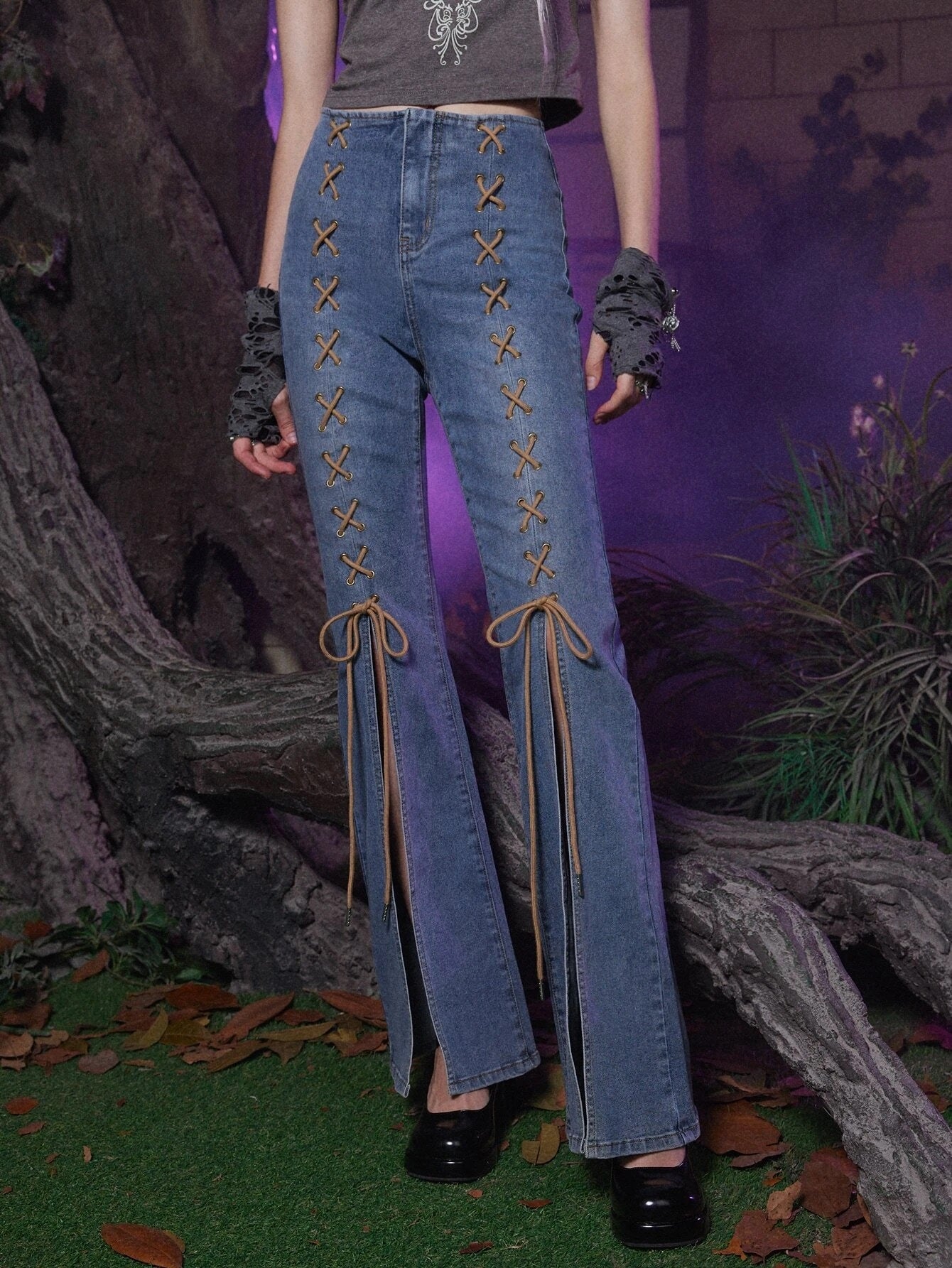 CM-BS854228 Women Preppy Seoul Style Medium Wash Grunge Lace Up Split Jeans