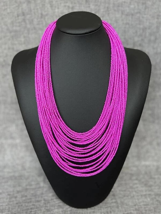 CM-AXS669799 Women Trendy Seoul Style Solid Beaded Layered Necklace - Hot Pink