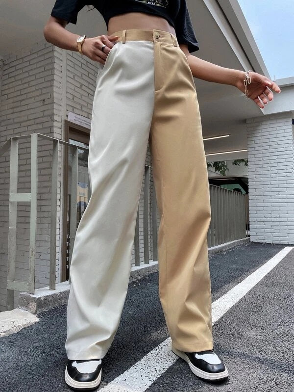 CM-BS299297 Women Casual Seoul Style High Waist Two Tone Straight Leg Pants