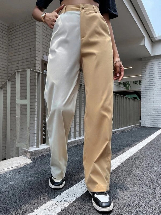 CM-BS299297 Women Casual Seoul Style High Waist Two Tone Straight Leg Pants