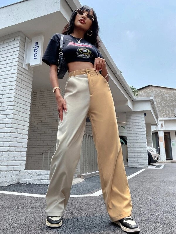 CM-BS299297 Women Casual Seoul Style High Waist Two Tone Straight Leg Pants