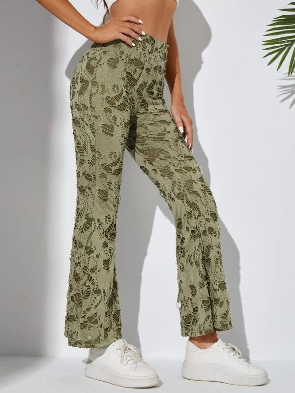 CM-BS635868 Women Casual Seoul Style Ladder Ripped Flare Leg Pants - Army Green