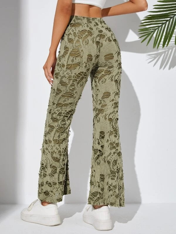 CM-BS635868 Women Casual Seoul Style Ladder Ripped Flare Leg Pants - Army Green