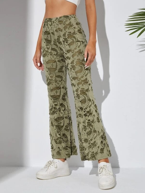 CM-BS635868 Women Casual Seoul Style Ladder Ripped Flare Leg Pants - Army Green