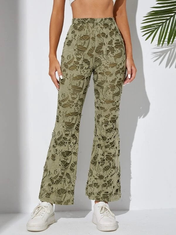 CM-BS635868 Women Casual Seoul Style Ladder Ripped Flare Leg Pants - Army Green