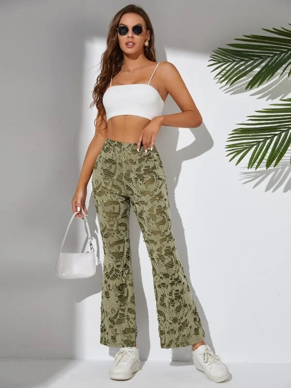 CM-BS635868 Women Casual Seoul Style Ladder Ripped Flare Leg Pants - Army Green