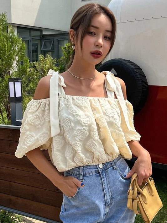 CM-TS636593 Women Casual Seoul Style Jacquard Floral Tie Shoulder Blouse - Apricot