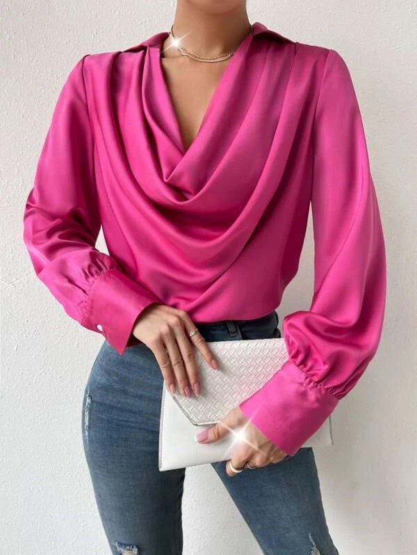 CM-TS404551 Women Casual Seoul Style Solid Draped Neck Long Sleeve Blouse - Hot Pink