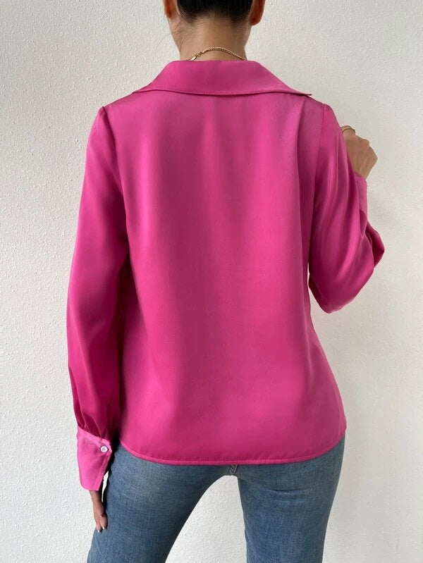 CM-TS404551 Women Casual Seoul Style Solid Draped Neck Long Sleeve Blouse - Hot Pink
