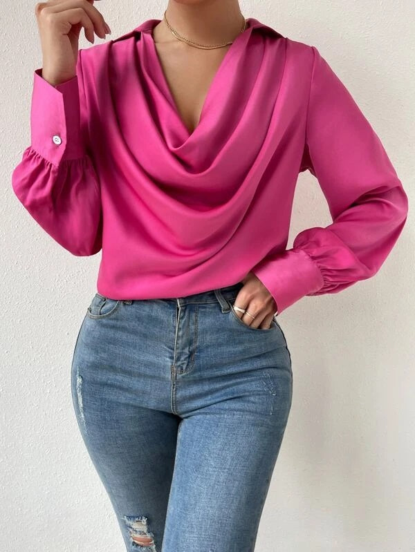 CM-TS404551 Women Casual Seoul Style Solid Draped Neck Long Sleeve Blouse - Hot Pink