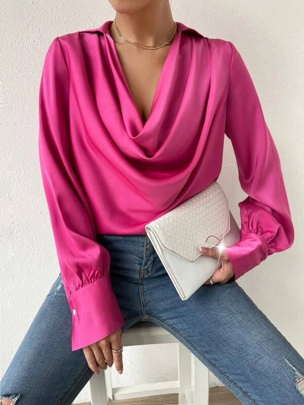 CM-TS404551 Women Casual Seoul Style Solid Draped Neck Long Sleeve Blouse - Hot Pink