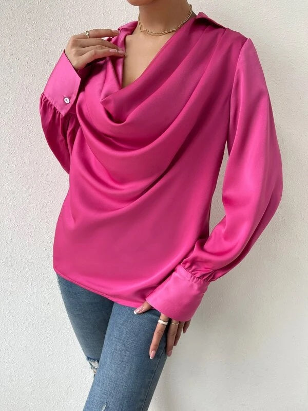 CM-TS404551 Women Casual Seoul Style Solid Draped Neck Long Sleeve Blouse - Hot Pink