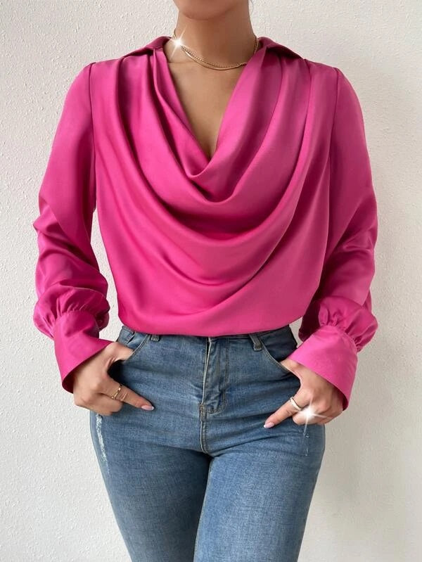 CM-TS404551 Women Casual Seoul Style Solid Draped Neck Long Sleeve Blouse - Hot Pink