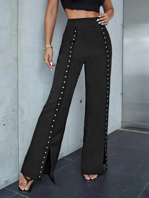 CM-BS111751 Women Elegant Seoul Style Studded Detail Split Hem Pants - Black